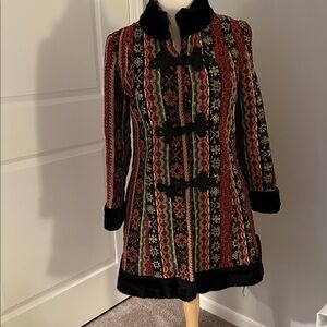 Vintage tapestry coat geometric pattern in black, green, golden yellow, deep red